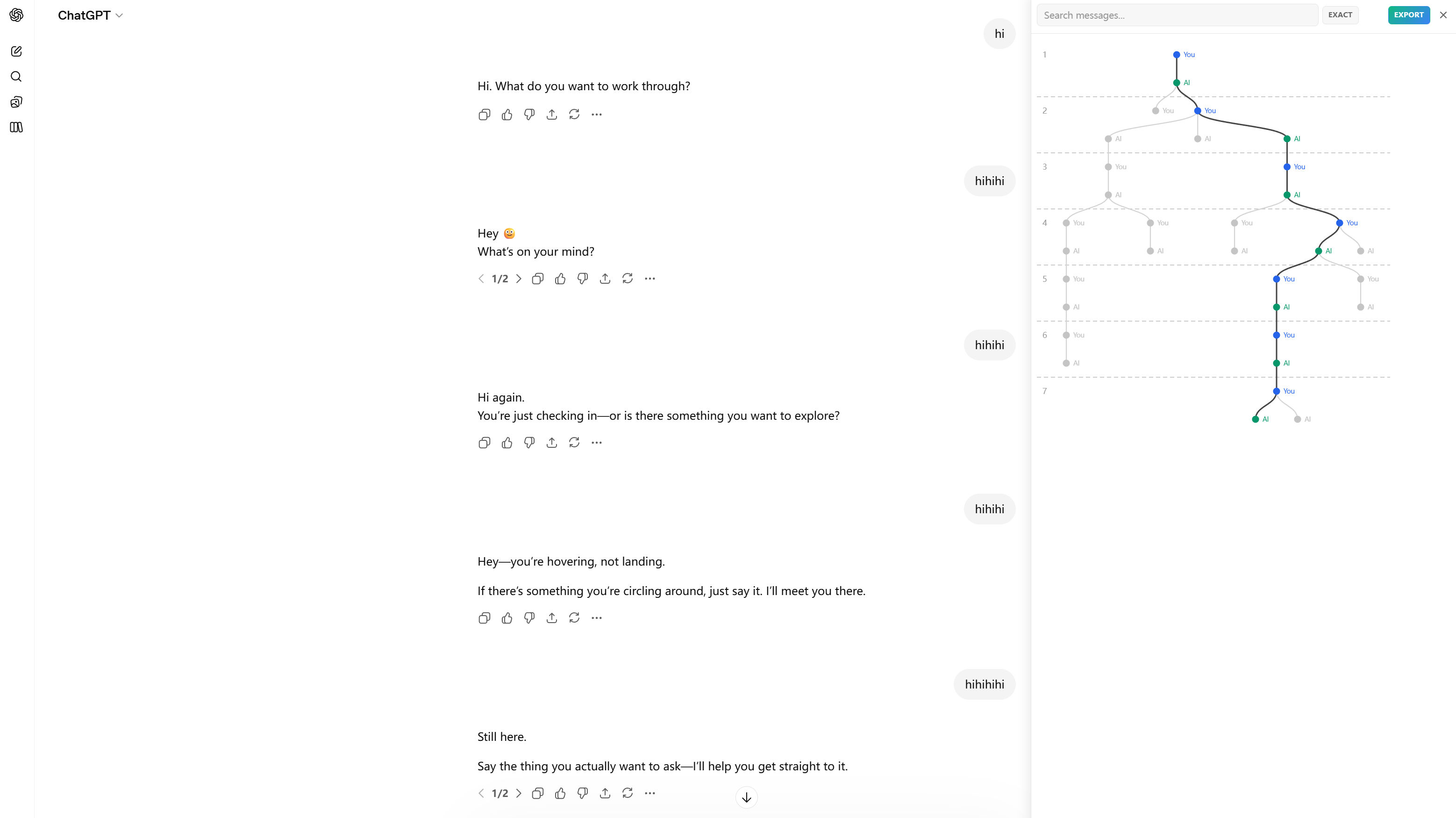 ChatTree — tree visualization panel showing branching AI conversation across ChatGPT, Claude, DeepSeek and Kimi